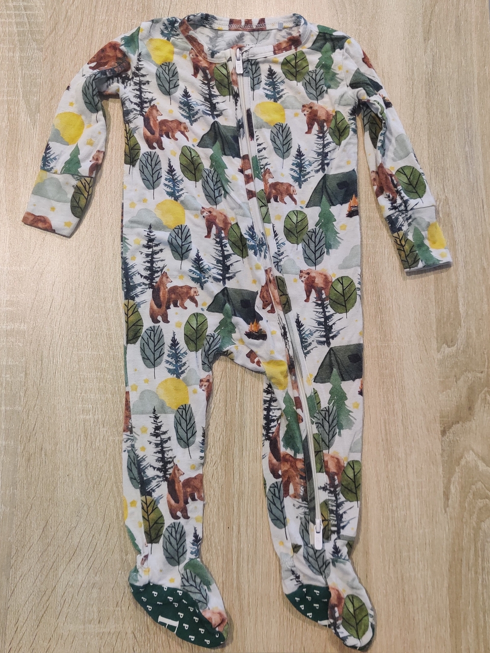 Posh Peanut Woodland Bear Print Footed One-Piece - Green & Yellow & Brown 3-6mo
